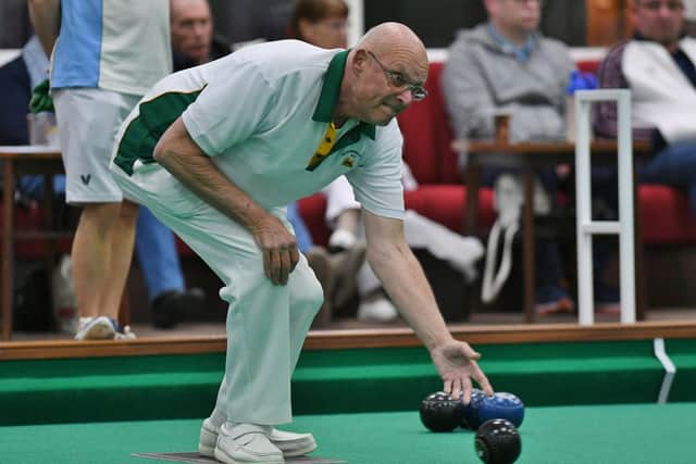 Cliff Watson in action at the Northants County Indoor Bowls Finals. Photo: David Lowndes.