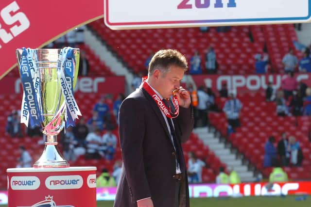 Darren Ferguson after Posh had won the League One play-off final at Old Trafford in 2011. Photo: David Lowndes.