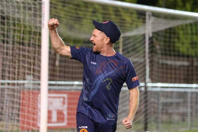 Peterborough Sports boss Graham Drury celebrates victory over Anstey Nomads. Photo Darren Wiles.