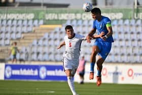 Ronnie Edwards battles for the ball in England U19s semi-final meeting with Italy at the European Championships. (Photo by JOE KLAMAR/AFP via Getty Images)