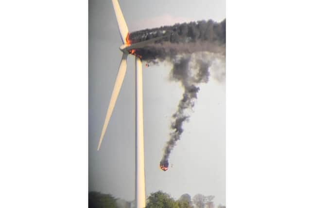 The turbine on French Drove caught fire on Sunday. Photo: Cowbit Village.