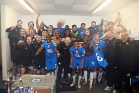 Posh's players are staff celebrate reaching Wembley with victory over Blackpool. Photo: Joe Dent.
