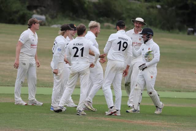 Oundle Town celebrate a wicket against Peterborough Town last weekend. Photo Andy Dann.