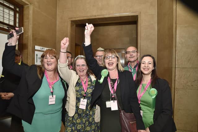 Councillor Nicola Day and fellow Greens at the election count in May