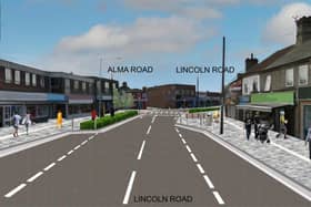 This image shows the view looking north for the Option 1 for the transformation of the Lincoln Road area of Peterborough.