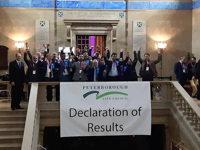 Peterborough's Conservative group celebrates at May's local elections. Since then, seven councillors have resigned from the Conservative Party and are now members of independent group Peterborough First