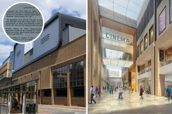 This image shows the Odeon Cinema on the roof of Peterborough Queensgate Shopping Centre, left; an extract from the premises licence application, inset; and how the cinema extension is expected to look inside the shopping centre, right.