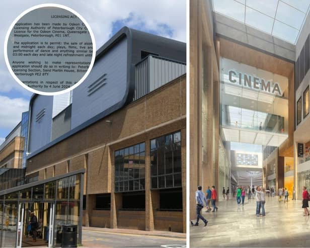 This image shows the Odeon Cinema on the roof of Peterborough Queensgate Shopping Centre, left; an extract from the premises licence application, inset; and how the cinema extension is expected to look inside the shopping centre, right.
