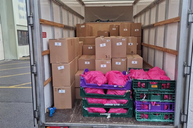 Some of then hampers are loaded on to a lorry ready for delivery.