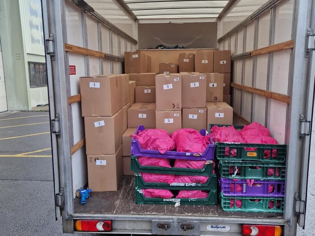 Some of then hampers are loaded on to a lorry ready for delivery.