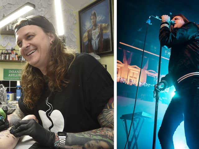 Shaun Phillips in his Peterborough tattoo studio, left, and performing on stage with Lebrock, right.