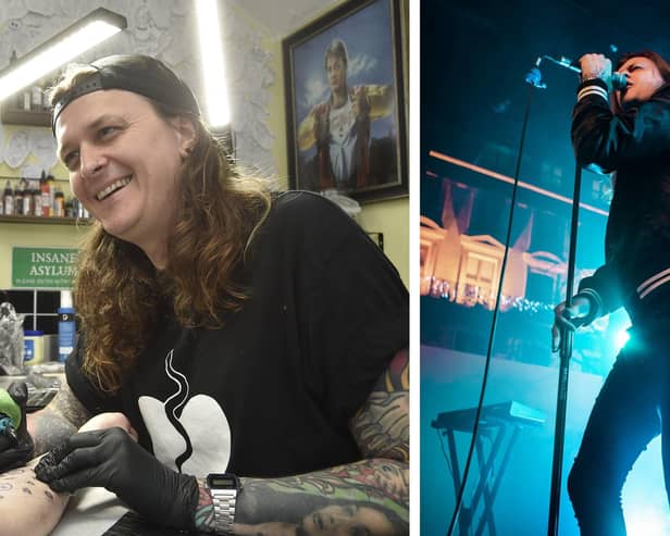 Shaun Phillips in his Peterborough tattoo studio, left, and performing on stage with Lebrock, right.