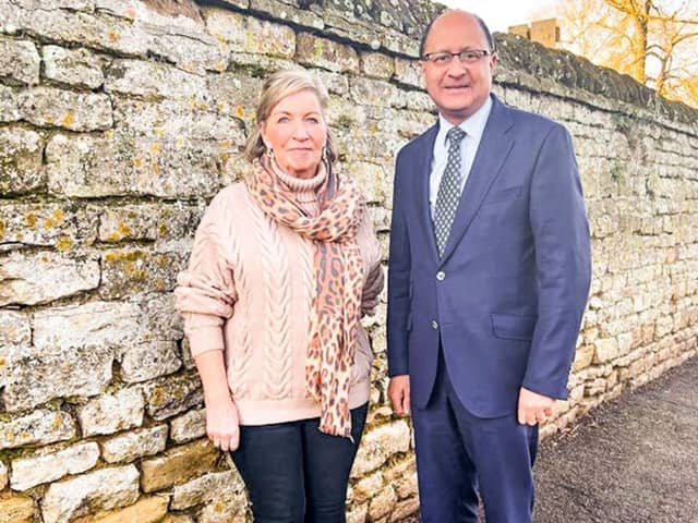 Councillor Marge Beuttell, chair of Sibson-cum-Stibbington Parish Council near Peterborough with North West Cambridgeshire MP Shailesh Vara who are appealing to Barclays Bank to re-open the council's account.