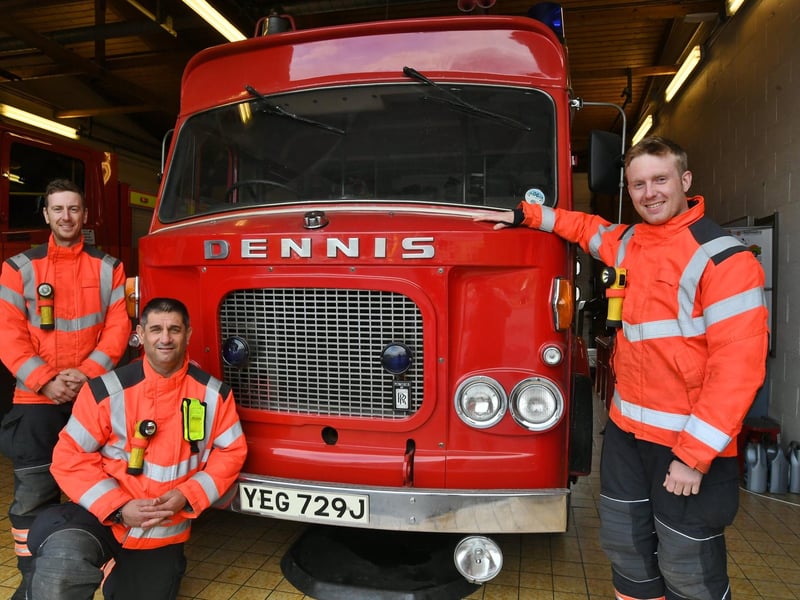 Peterborough Volunteer firefighters Jacob Benton, Anthony Gould and Sam Pumps with a 1971 Dennis Rolls Royce fire engine.