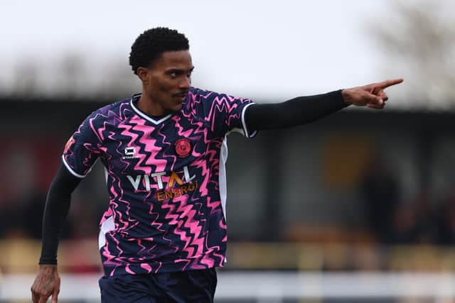 Jevani Brown after scoring for Peterborough Sports at Leamington. Photo Darren Wiles