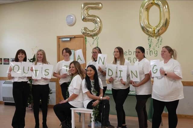 Staff at Longthorpe Pre-school celebrate Outstanding Ofsted report, posted on the Longthorpe Pre-school Facebook page