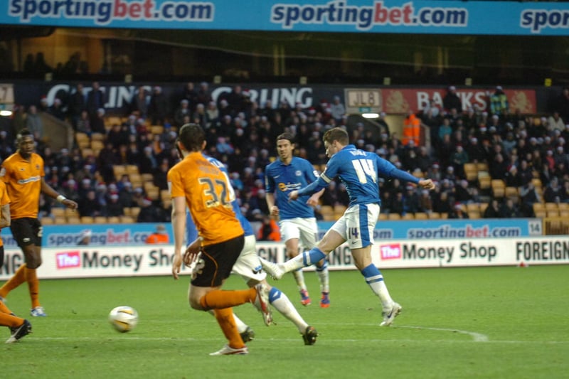 Posh were just beginning to believe they could climb out of relegation trouble in the Championship when they travelled to Molineaux to play mid-table Wolves. And what a performance they put on, orchestrated by on-loan West Brom midfielder George Thorne. Lee Tomlin, Tommy Rowe (pictured scoring) and Dwight Gayle scored the goals. Unfortunately Thorne never played for Posh again as the Baggies recalled him as cover for an injury crisis. Posh moved up to third bottom after this win and that's where they still were at the end of the season.