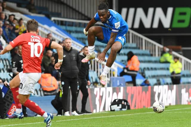 Peter Kioso jumping into action for Posh against Wycombe last weekend. Photo: David Lowndes.