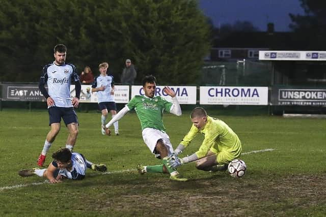 Ayman Trabelsi scores for FC Peterborough v Needham Market Reserves.