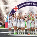 Leah Williamson of England lifts the UEFA Women's EURO 2022 Trophy . (Getty Images)