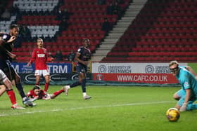 Ephron Mason-Clark of Peterborough United scores the winning goal against Charlton Athletic. Photo: Joe Dent/theposh.com.