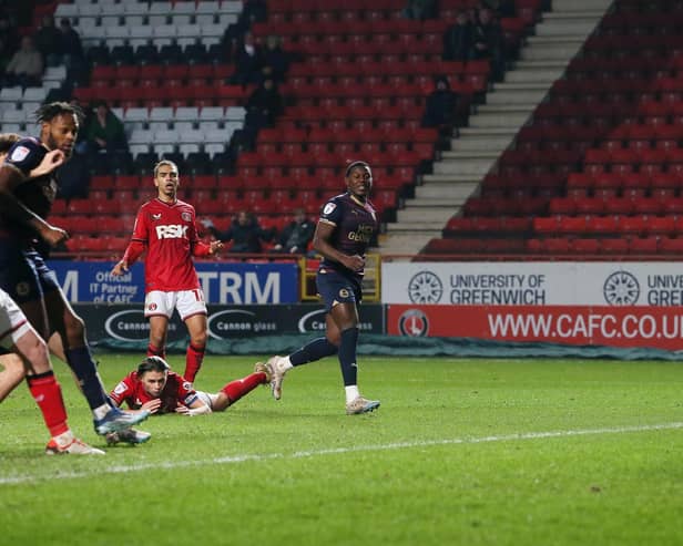 Ephron Mason-Clark of Peterborough United scores the winning goal against Charlton Athletic. Photo: Joe Dent/theposh.com.