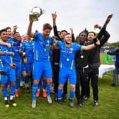 Peterborough Sports celebrate their play off victory over Coalville to secure their place in the National League system.