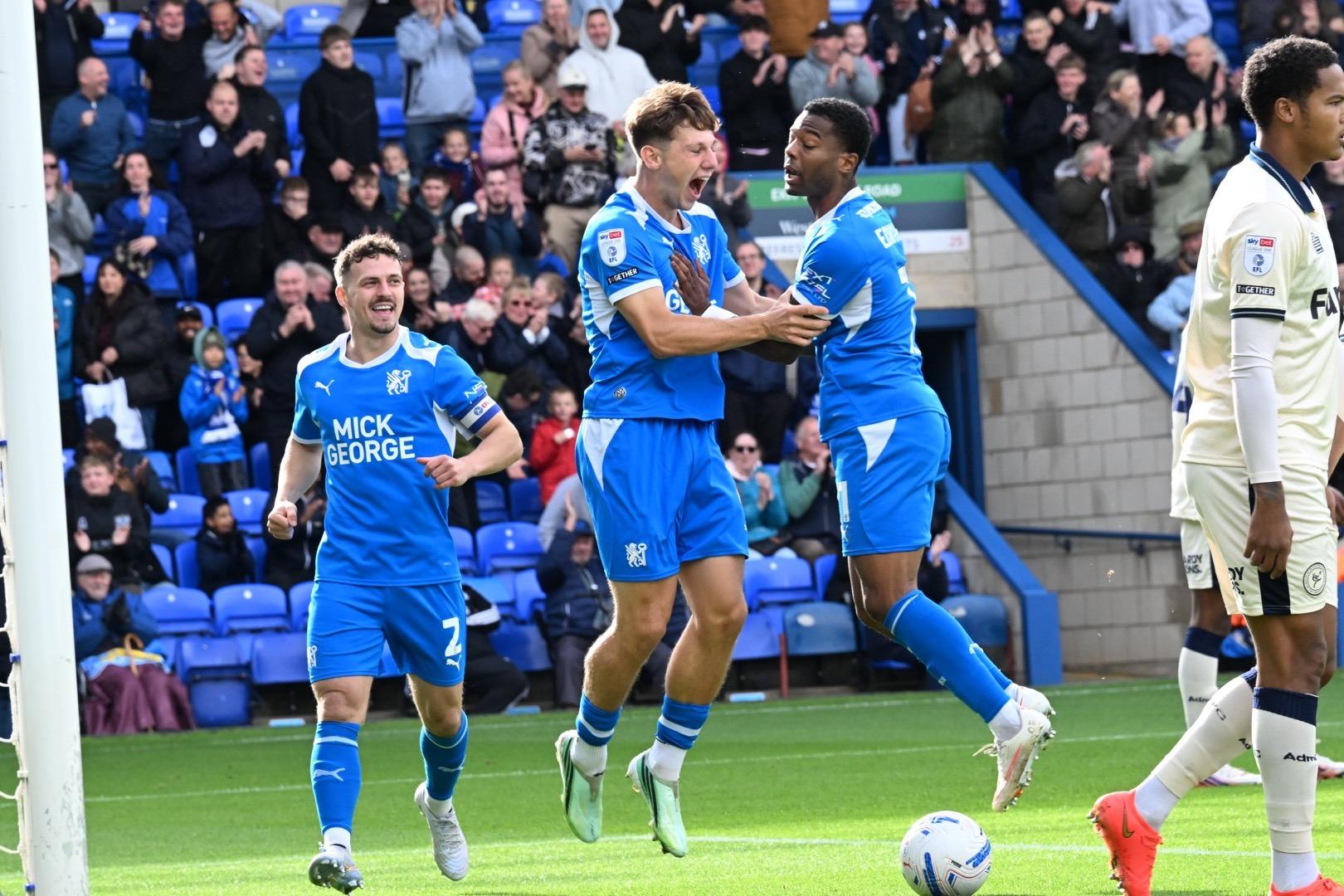 Harry Leonard (left) and Owura Edwards celebrate a Posh goal against a Burton at the weekend. Photo David Lowndes.