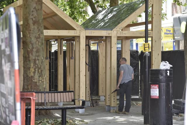 Some of the new kiosks at the outdoor market in Bridge Street, Peterborough.