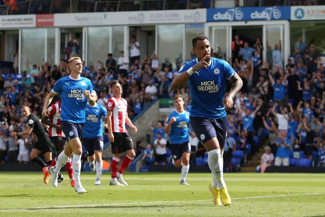 Jonson Clarke-Harris celebrates his successful penalty kick for Posh against Lincoln. Photo: Joe Dent/theposh.com.