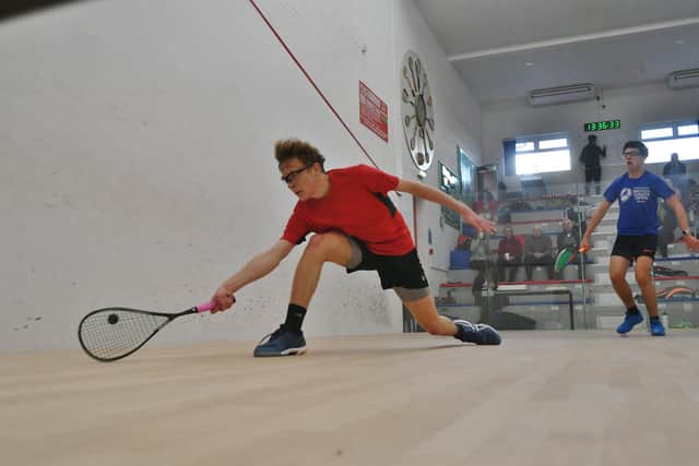 Aiden Fillmore (red) in action against City of Peterborough clubmate Callum McGurk in the Cambs Junior County Championships. Photo: David Lowndes.