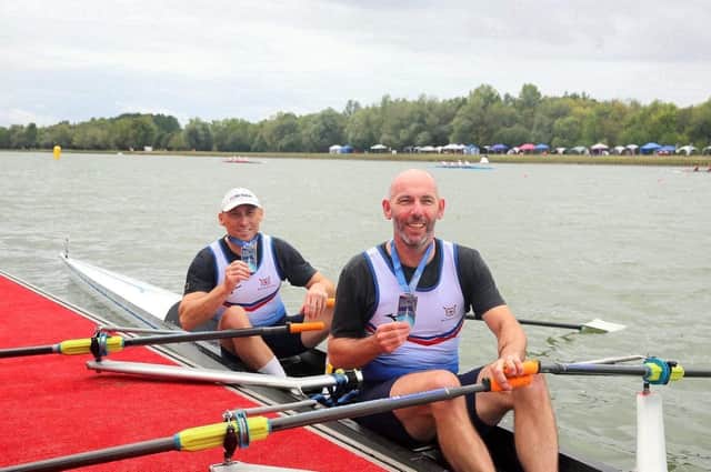Medalists Ian Palmer and Dave Smith at the World Masters Regatta. Pic by Jean-Jacques Rigal.