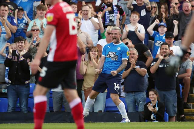 Jack Marriott of Peterborough United celebrates scoring the opening goal of the game. Photo: Joe Dent.