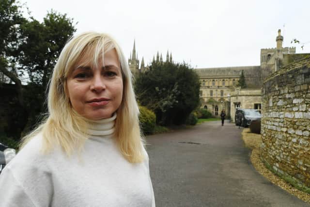 Ukrainian refugees meeting at the Almoners House, Peterborough Cathedral. Olga Frusevych who live in the Precincts