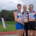 Claire Smith (right) and Kelly Sutton (left) on the podium with 400m winner Sarah Loades at the British Masters Track and Field Championship.