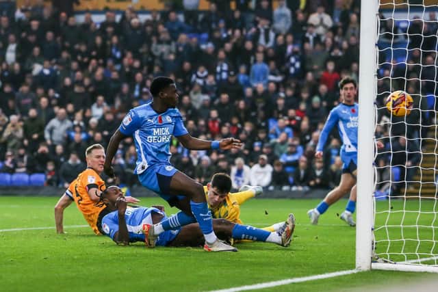 Kwame Poku scores for Posh against Cambridge United last weekend. Photo Joe Dent/theposh.com.
