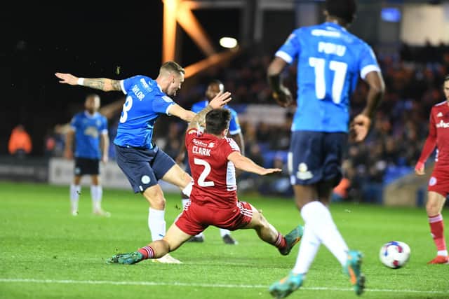 Posh midfielder Jack Taylor shoots at the Accrington Stanley goal. Photo: David Lowndes.