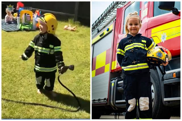 Darcey Cook, 6, has filmed a follow-up to the 2020 firefighting video she made as a three-year-old during lockdown (image: DAX Videography/Cambs Fire & Rescue).
