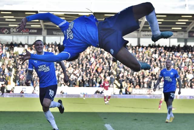 Nathanael Ogbeta celebrates his goal against Derby County last season. Photo: Joe Dent.