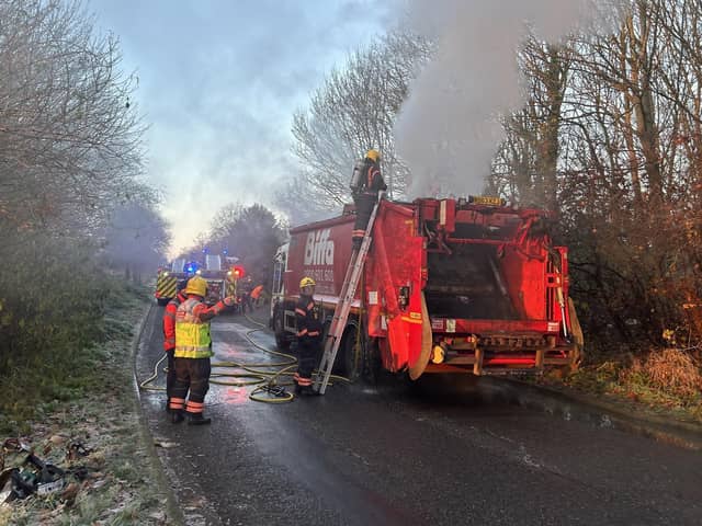 Bin lorry fire on Fulbridge Road. Photo: Cambridgeshire Fire & Rescue Service.