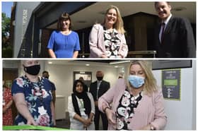 Top, Employment Minister Mims Davis, centre, with Julia Nix, the DWP district manager and Dave Lancaster district operations leader for Cambridgeshire DWP in June 2021. Below,  Employment Minister Mims Davis officially opens the new Job Centre at Northminster House, Peterborough