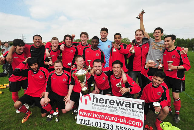 Netherton Reserves celebrate winning the Peterborough Sunday Morning League Hereward Teamwear Cup Final at Riverside.