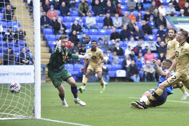 Jonson Clarke-Harris makes it 2-0 for Posh against Port Vale. Photo: David Lowndes.
