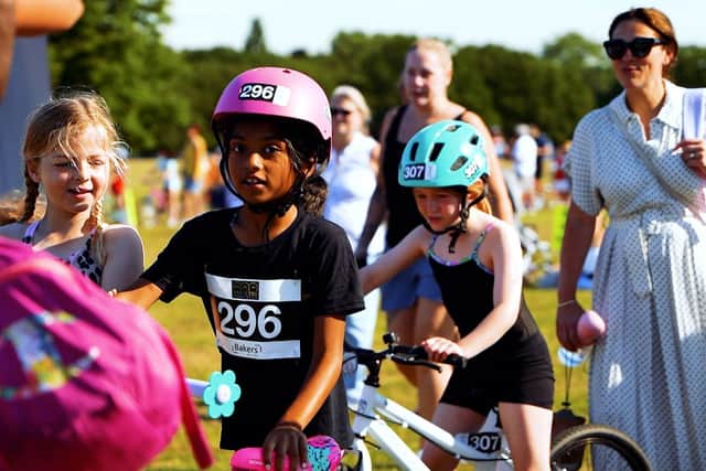 Girls getting ready for Swim Bike Run