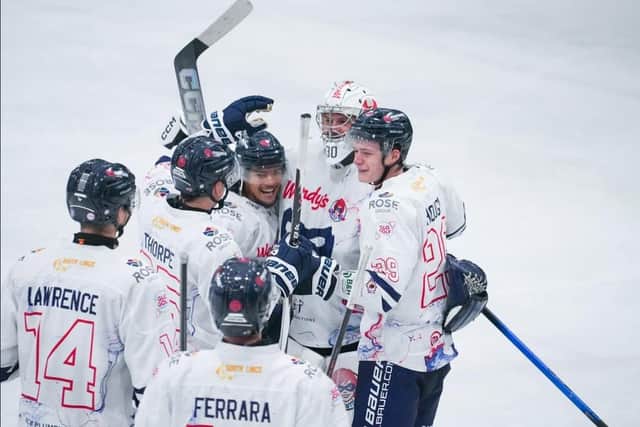 Phantoms celebrate their shootout success against Solway Stars with netminder Hayden Lavigne. Photo Willow Florence Photography