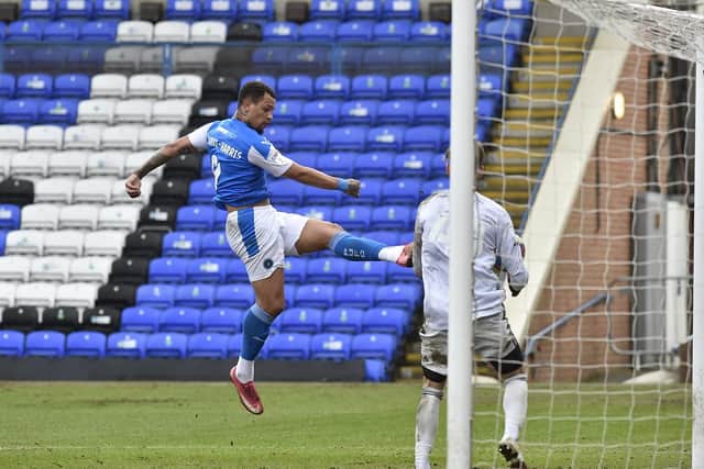 Jonson Clarke-Harris completes his hat-trick for Posh against Accrington Stanley in 2021. Photo: Joe Dent/theposh.com.