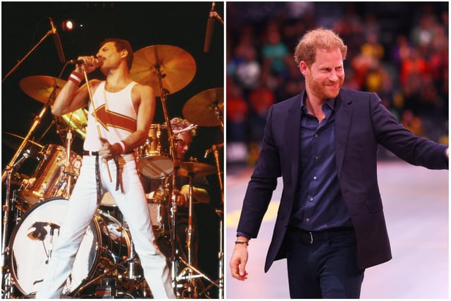 Freddie and Harry (23) make up tenth and 11th. Pictured are Freddie Mercury, former lead singer of the rock band Queen, and the Duke of Sussex, Prince Harry.