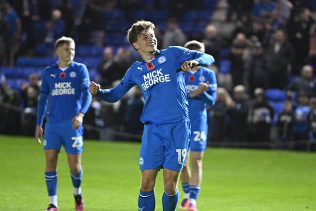 Gustav Lindgren celebrates victory for Posh over Wimbledon. Photo David Lowndes.