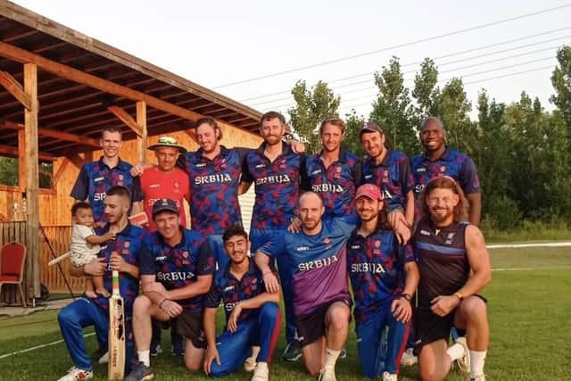 The Serbia national cricket team. Rob Vitas is front row on the right.
