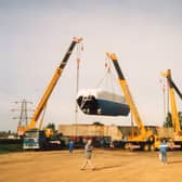 The Hovertrain is lowered into position at Railworld